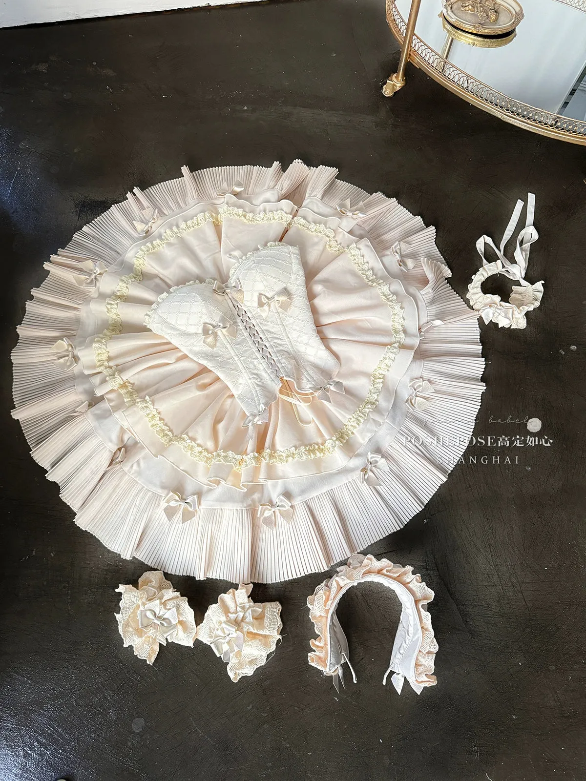 POSHEPOSE~Celadon Overture~Sleeveless Princess Lolita Skirt Suit Fishbone Top Tiered SK