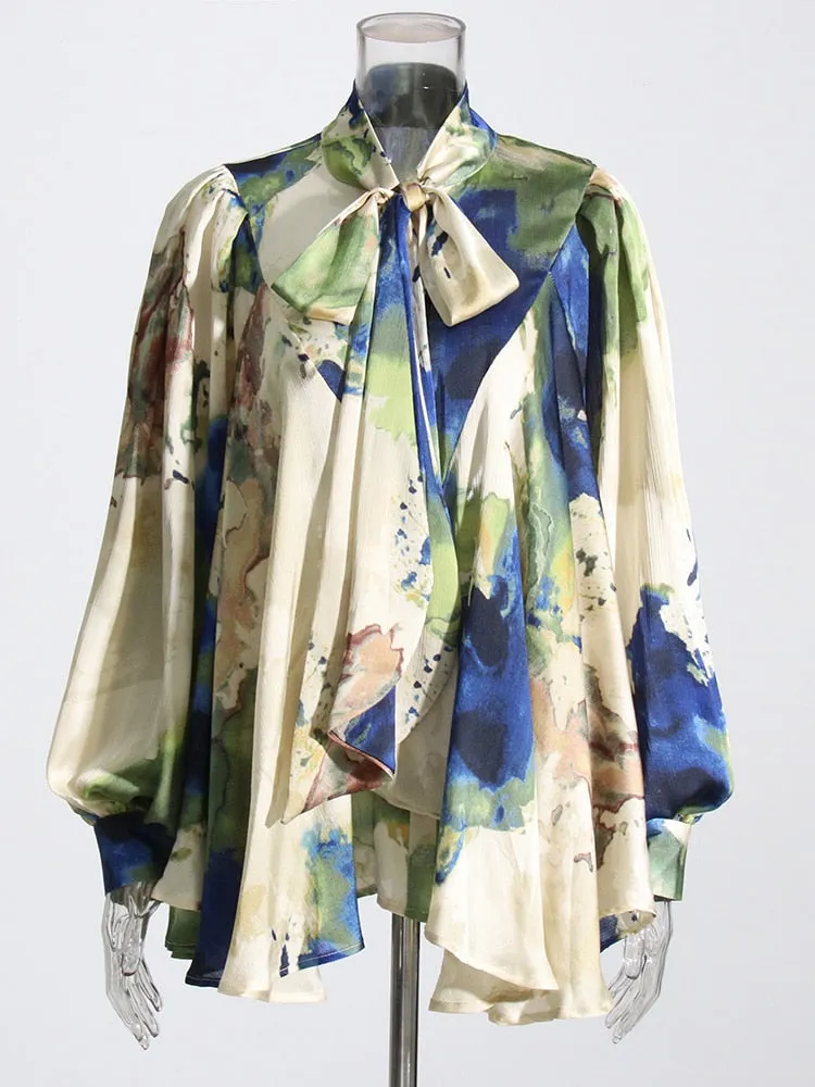 Print Vintage Bowknot Collar Lantern Sleeve Loose Top