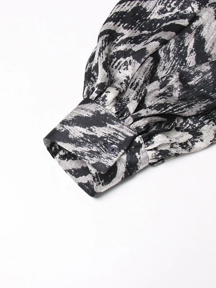 Print Vintage Bowknot Collar Lantern Sleeve Loose Top