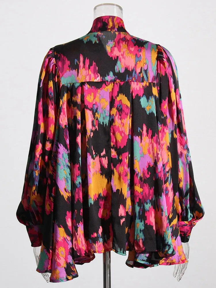 Print Vintage Bowknot Collar Lantern Sleeve Loose Top