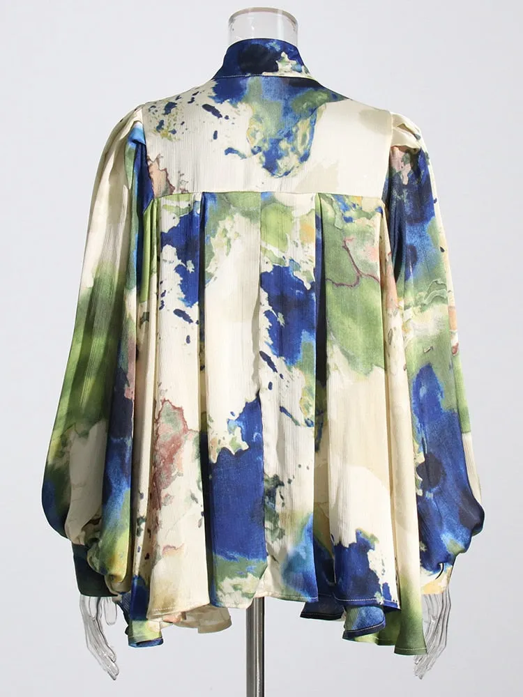 Print Vintage Bowknot Collar Lantern Sleeve Loose Top