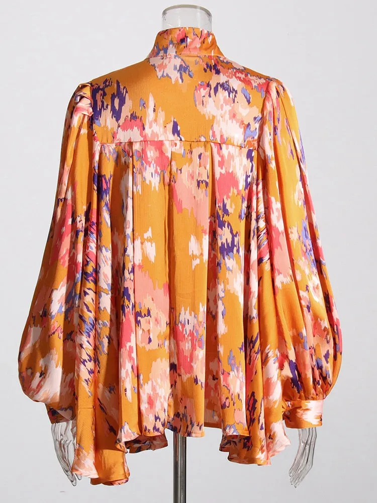 Print Vintage Bowknot Collar Lantern Sleeve Loose Top