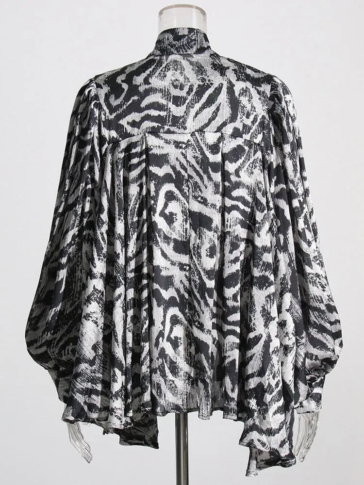 Print Vintage Bowknot Collar Lantern Sleeve Loose Top