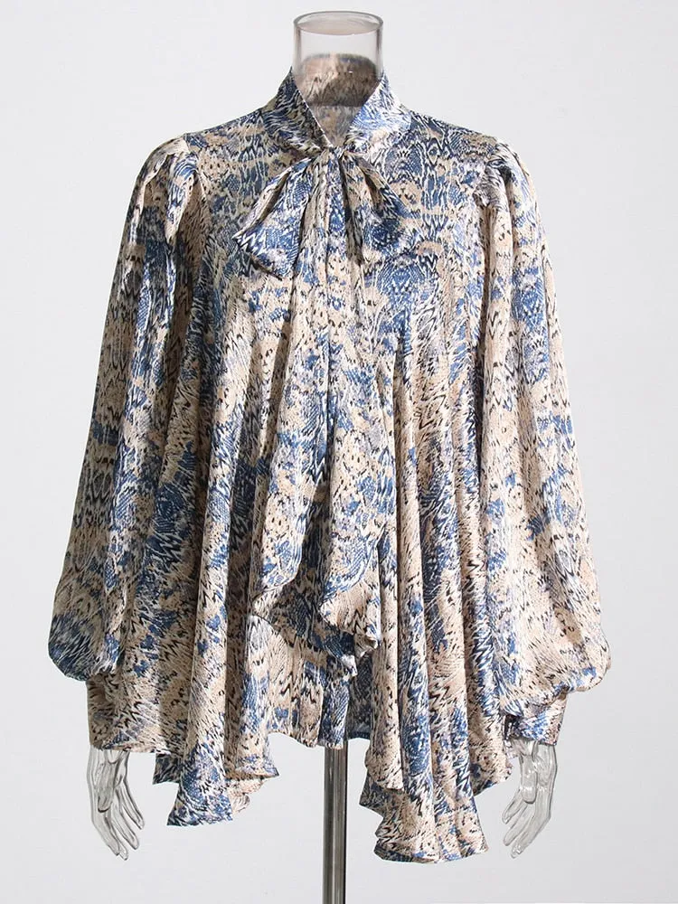 Print Vintage Bowknot Collar Lantern Sleeve Loose Top