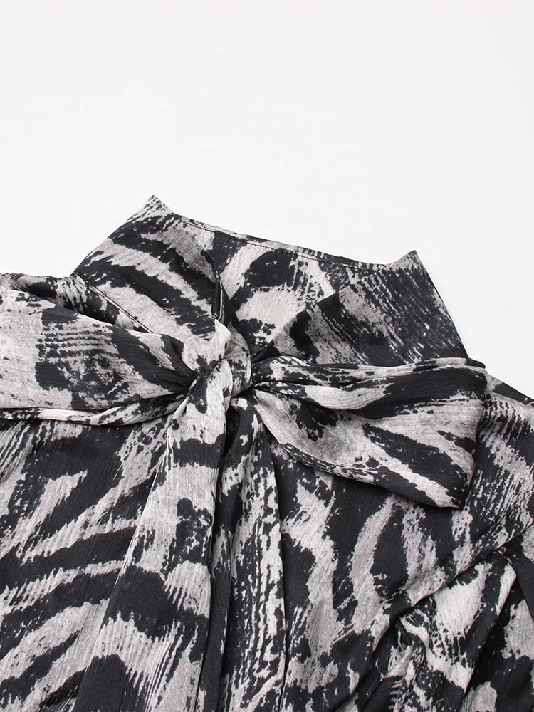 Print Vintage Bowknot Collar Lantern Sleeve Loose Top
