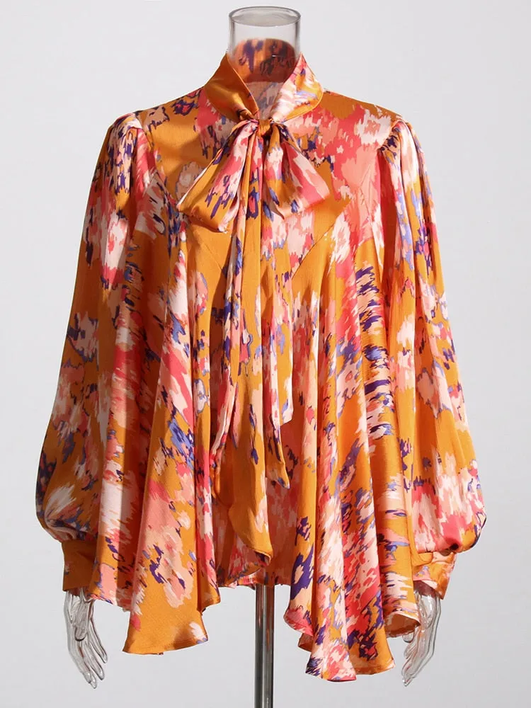 Print Vintage Bowknot Collar Lantern Sleeve Loose Top