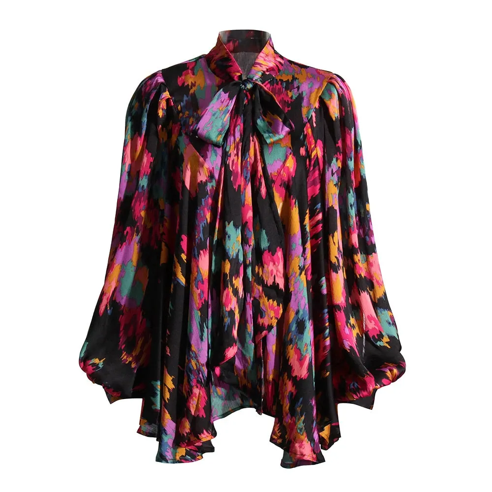 Print Vintage Bowknot Collar Lantern Sleeve Loose Top