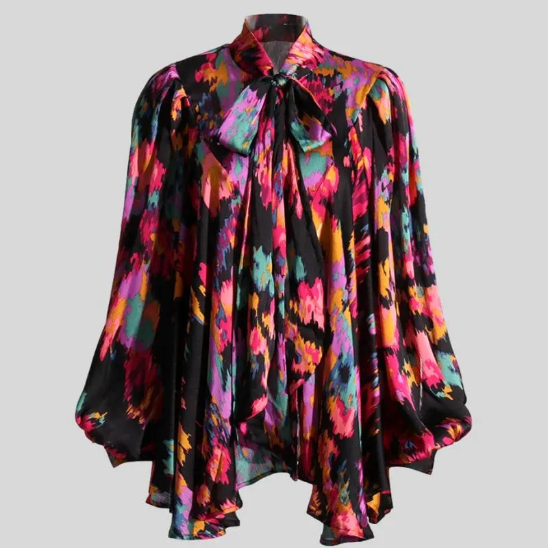 Print Vintage Bowknot Collar Lantern Sleeve Loose Top