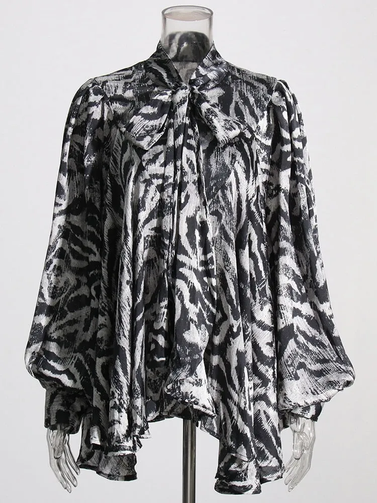 Print Vintage Bowknot Collar Lantern Sleeve Loose Top
