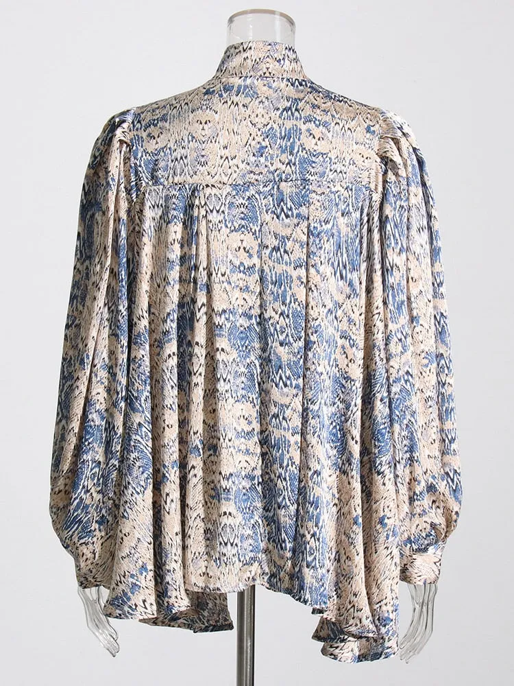 Print Vintage Bowknot Collar Lantern Sleeve Loose Top