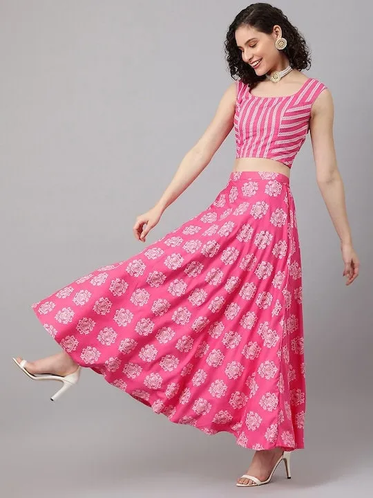 Printed Crop Top With Skirt And Dupatta Set | Lehenga Choli
