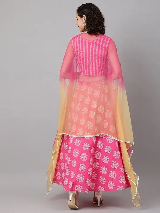 Printed Crop Top With Skirt And Dupatta Set | Lehenga Choli