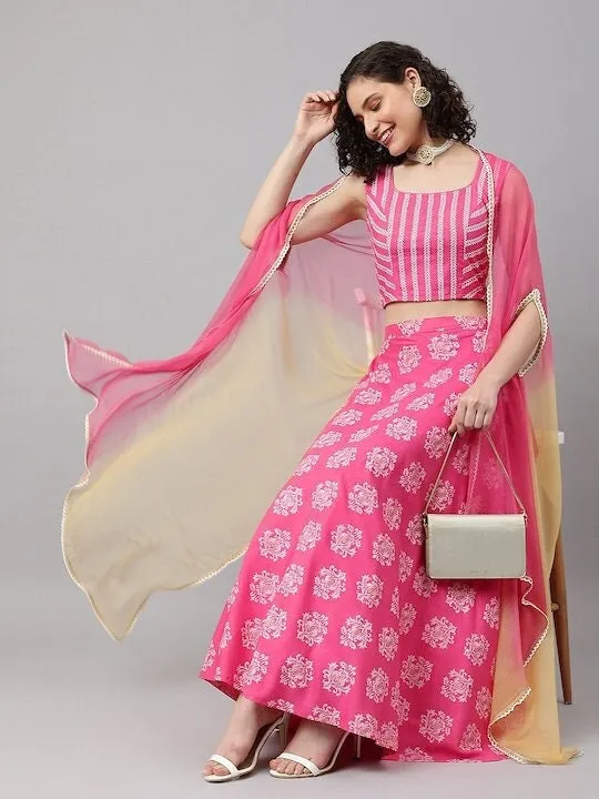 Printed Crop Top With Skirt And Dupatta Set | Lehenga Choli