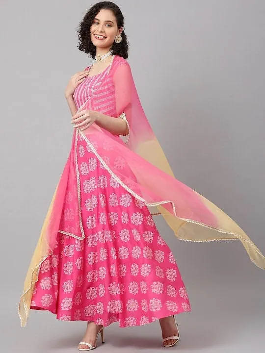 Printed Crop Top With Skirt And Dupatta Set | Lehenga Choli