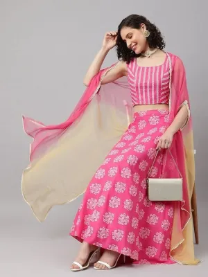 Printed Crop Top With Skirt And Dupatta Set | Lehenga Choli