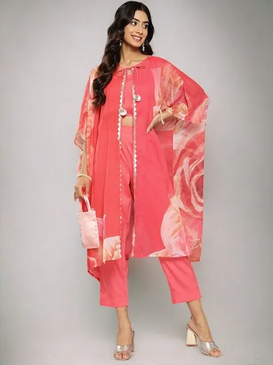 Printed Square Neck Crop Top With Jacket & Trouser Co-ord Set