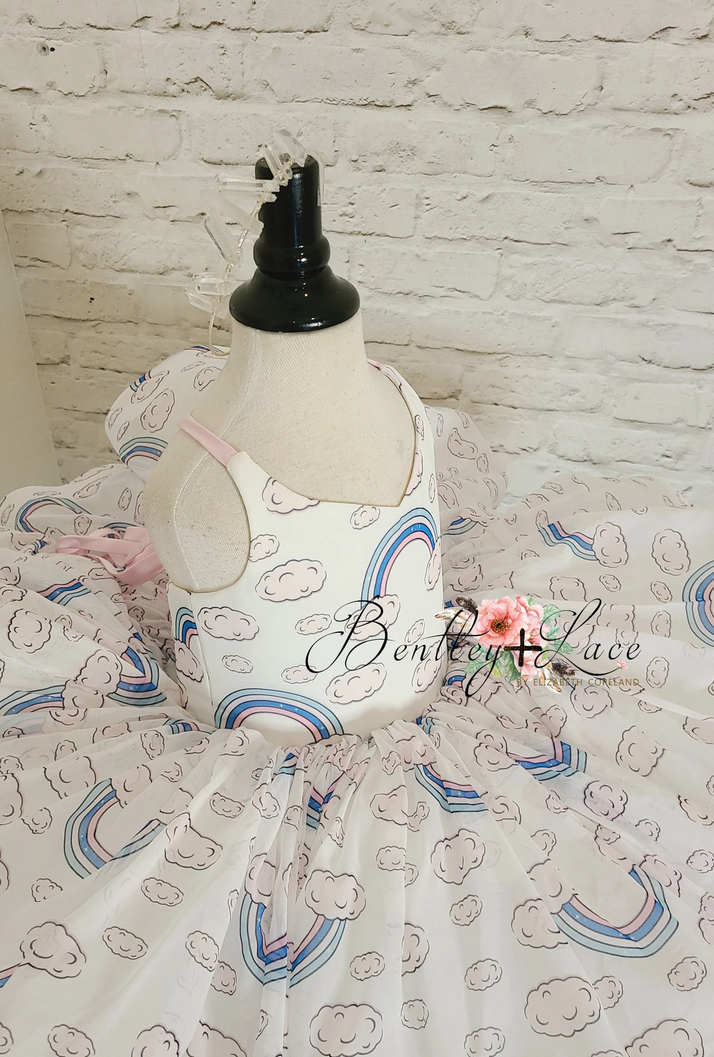 "Rainbow on a cloudy day"- Pink satin ties.  Short Length Dress (3 Year - Petite 4 Year)