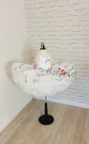 "Rainbow on a cloudy day"- Pink satin ties.  Short Length Dress (3 Year - Petite 4 Year)