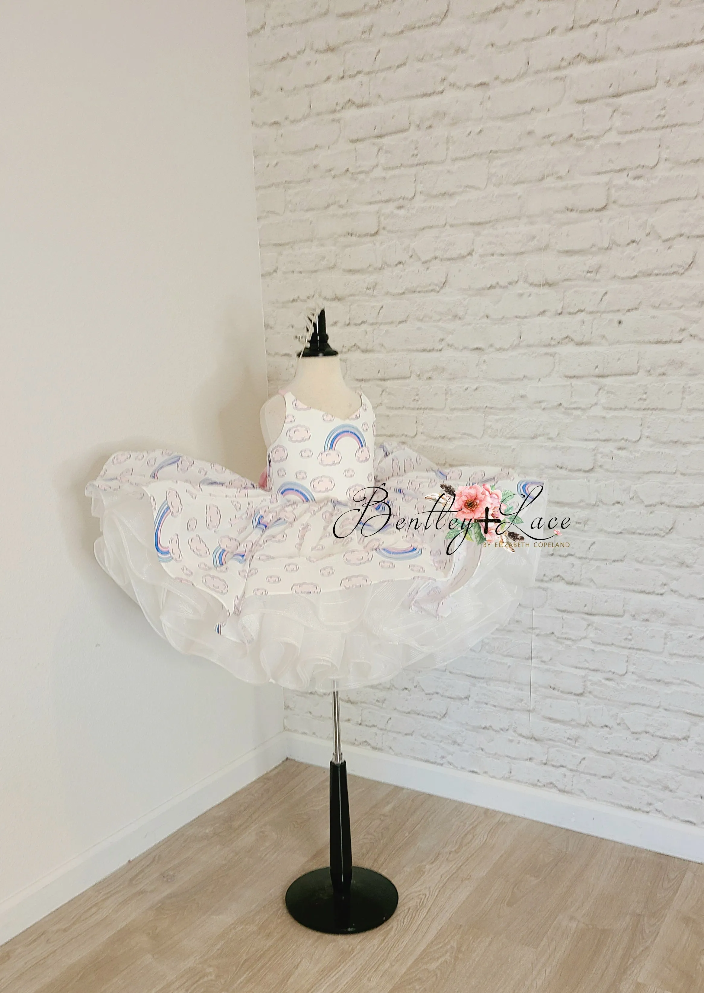 "Rainbow on a cloudy day"- Pink satin ties.  Short Length Dress (3 Year - Petite 4 Year)