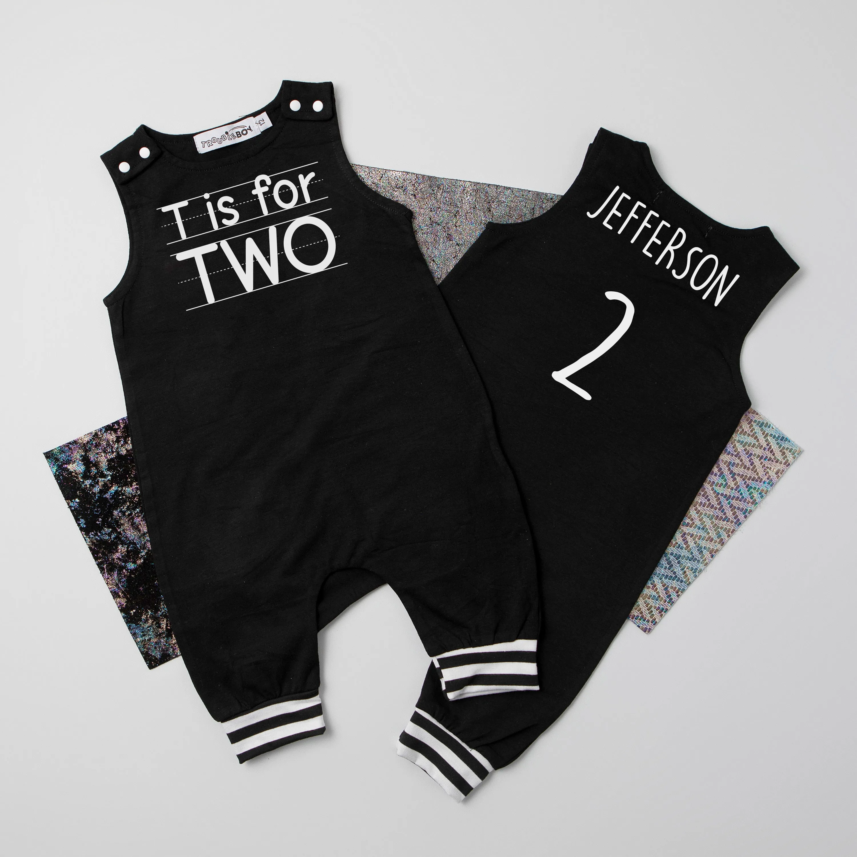 "T is for Two" 2nd Birthday Personalized Romper with Striped Cuff