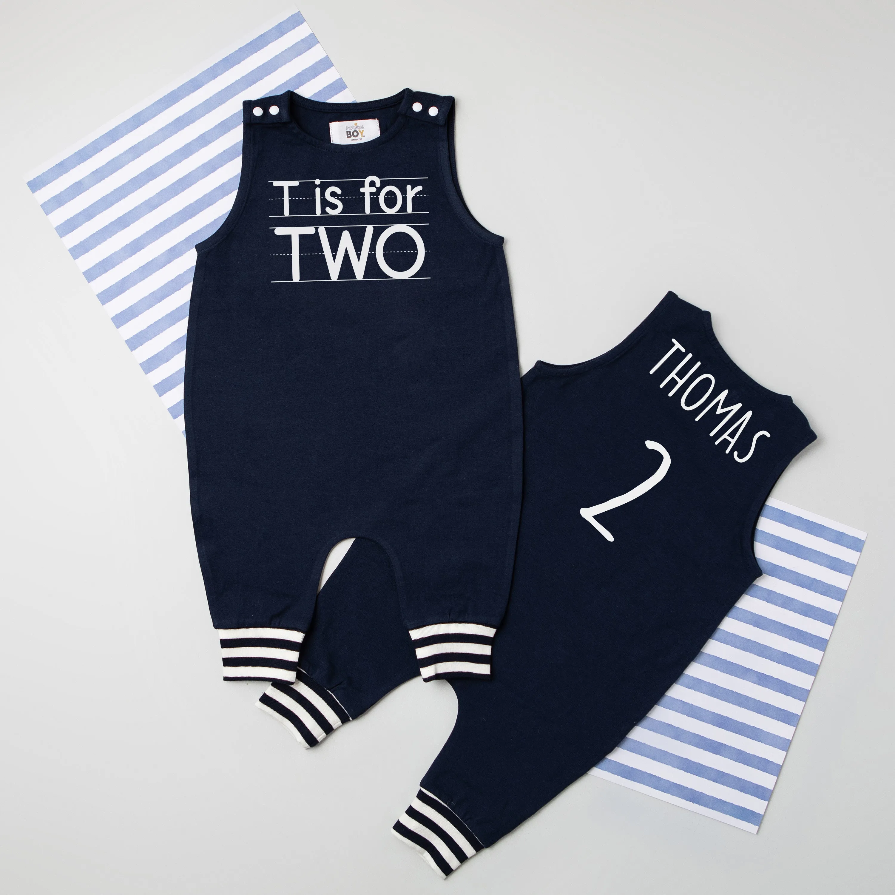 "T is for Two" 2nd Birthday Personalized Romper with Striped Cuff