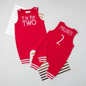 "T is for Two" 2nd Birthday Personalized Romper with Striped Cuff