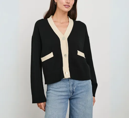 Rails - Geneva V Neck Cardigan with Trim in Black and Ivory