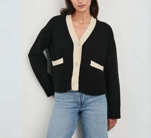 Rails - Geneva V Neck Cardigan with Trim in Black and Ivory
