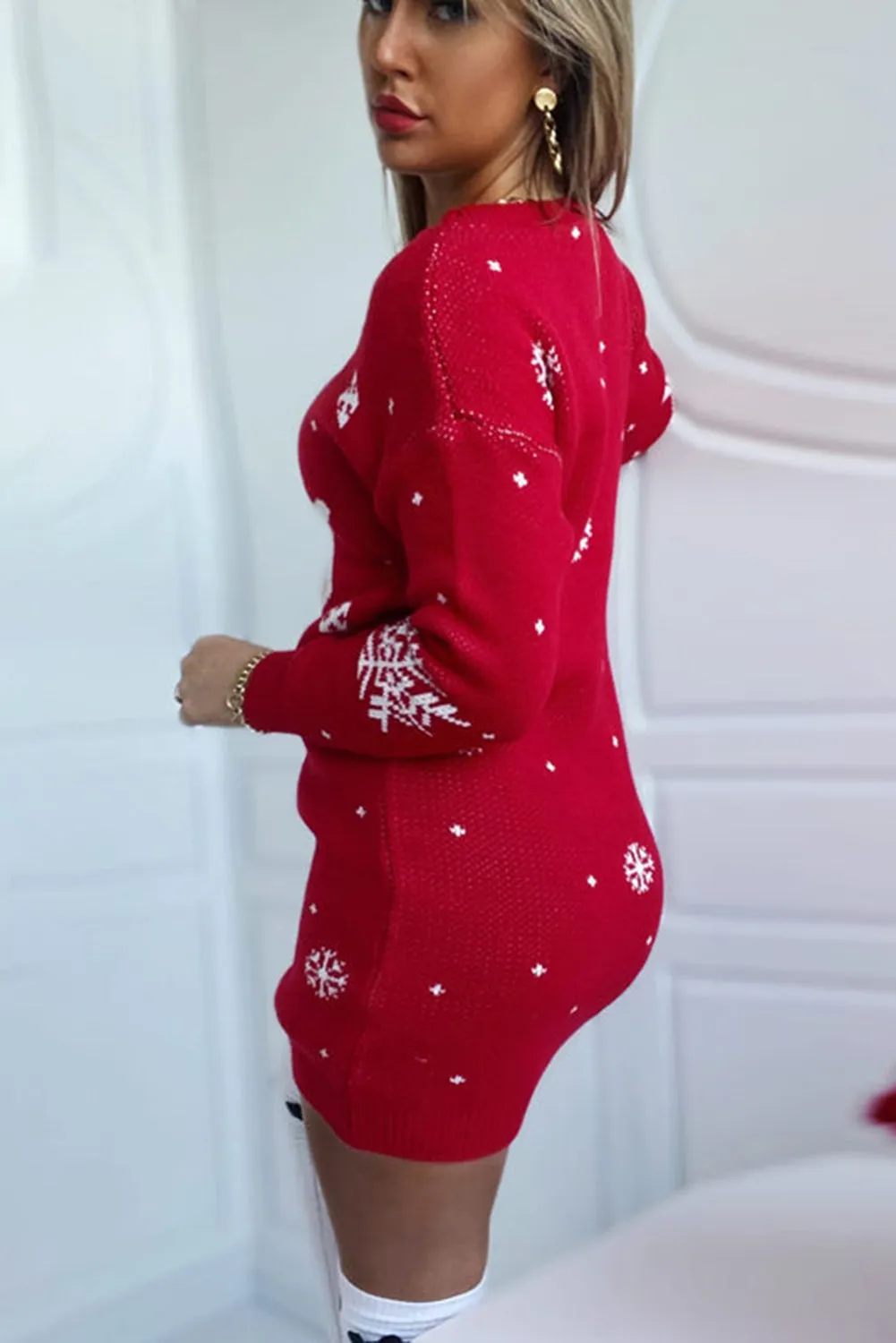 Red Christmas Elk Jacquard Knitted Dress
