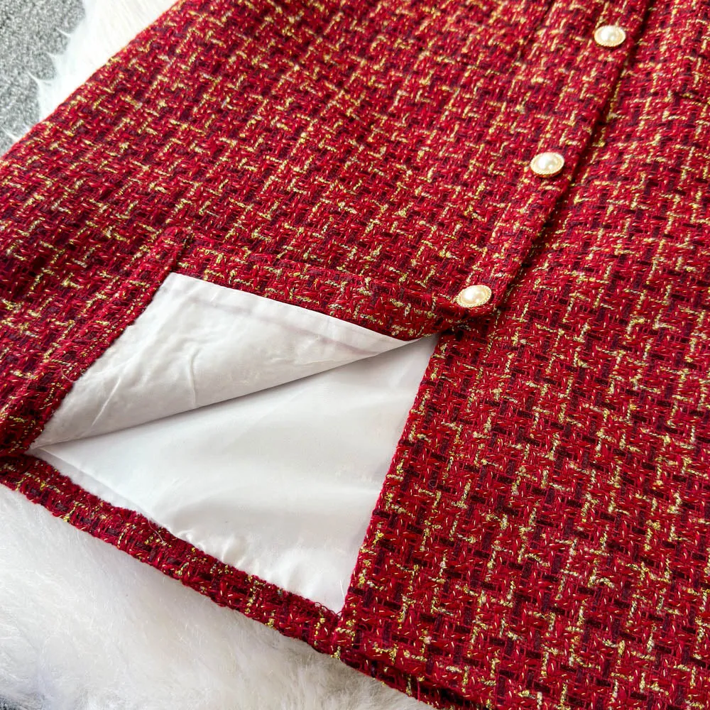 Red Plaid Tweed Slip Dress