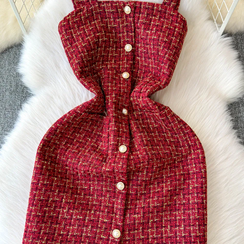 Red Plaid Tweed Slip Dress