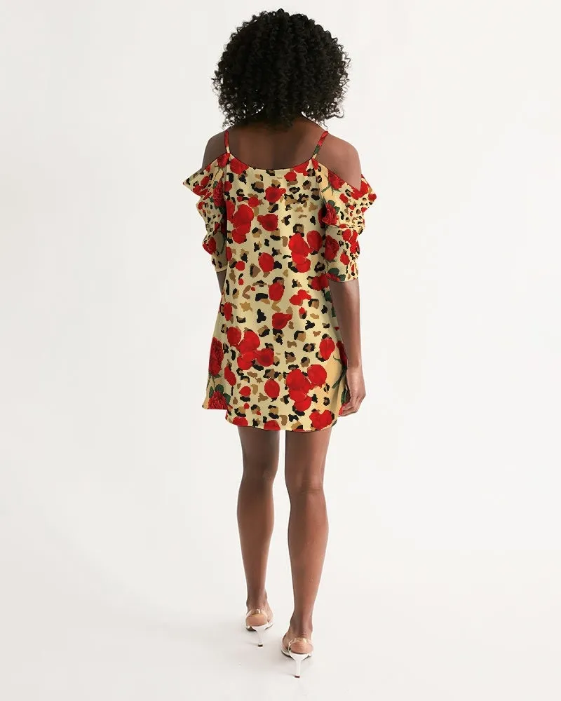 Red Rose Petals Animal Print Cold Shoulder Dress