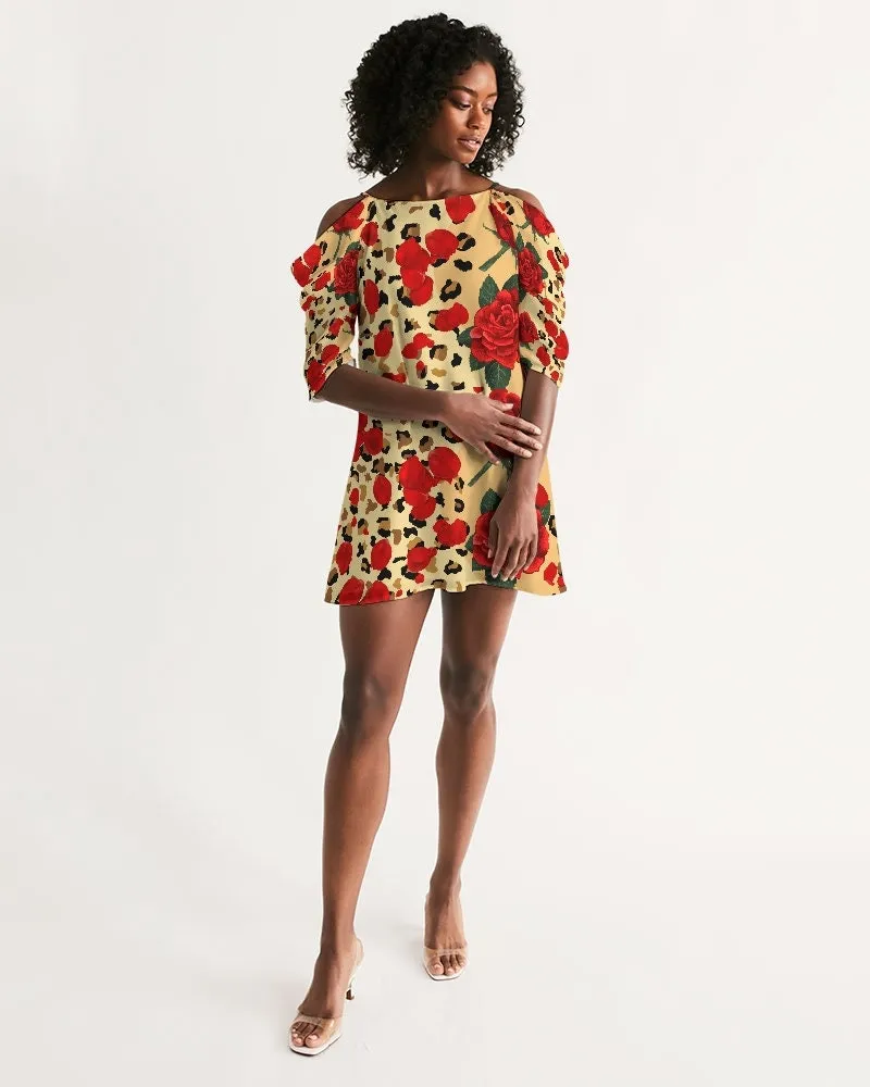 Red Rose Petals Animal Print Cold Shoulder Dress
