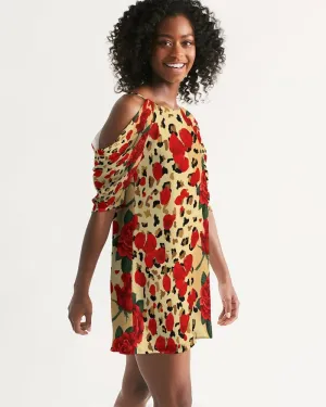 Red Rose Petals Animal Print Cold Shoulder Dress