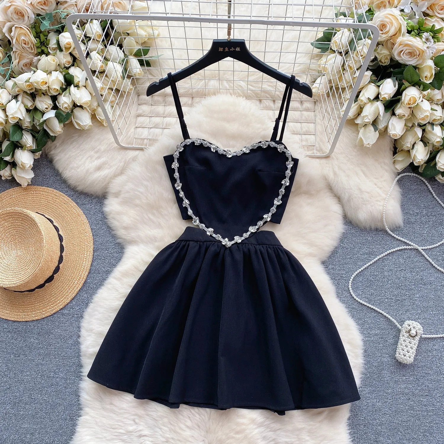 Rhinestone Studded Pleated Slip Dress