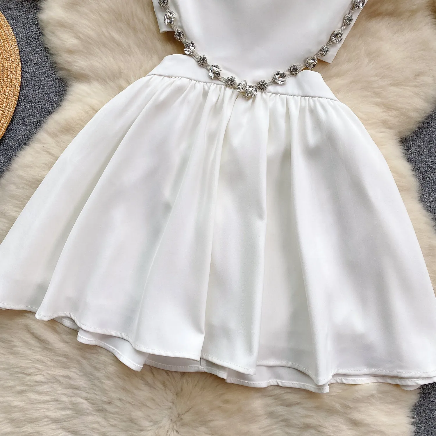 Rhinestone Studded Pleated Slip Dress