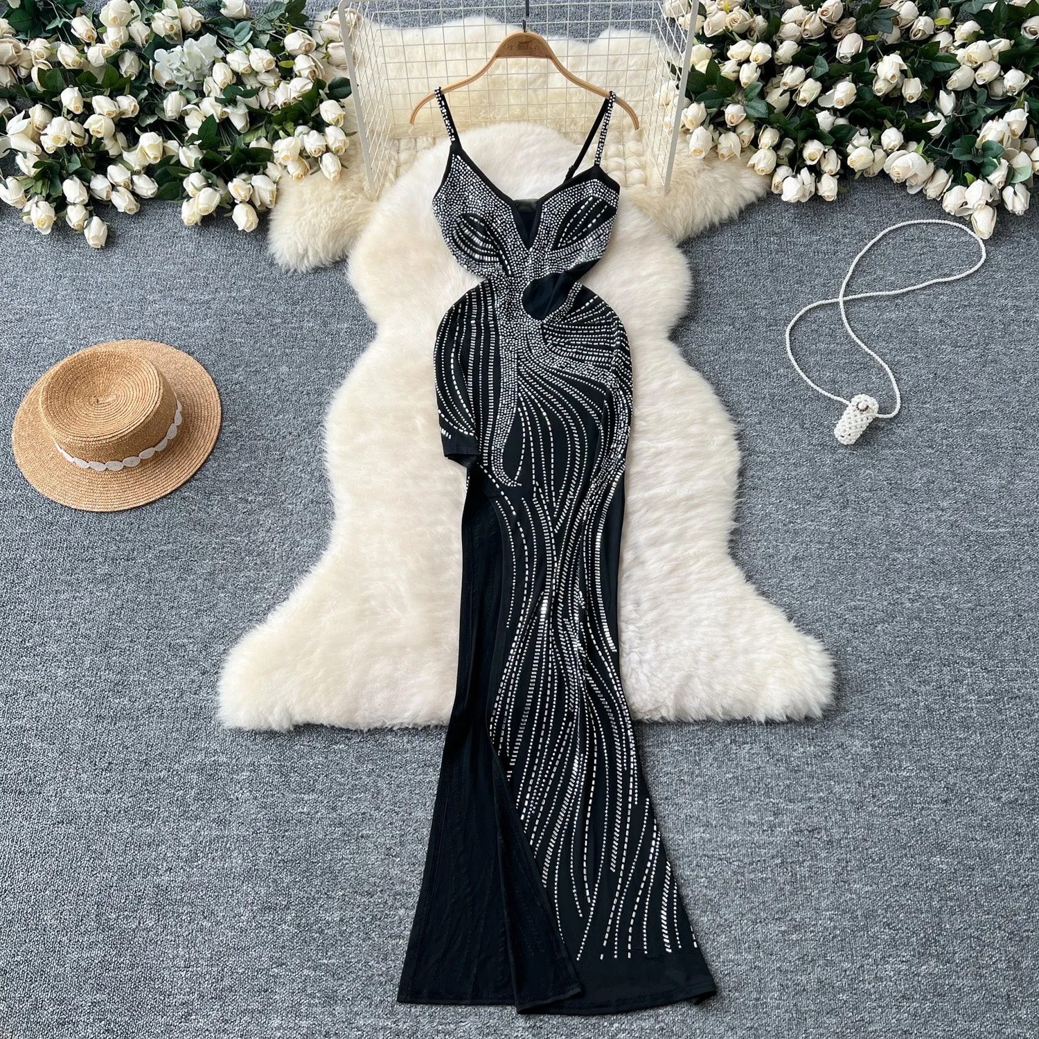 Rhinestone Studded See-through Slip Dress