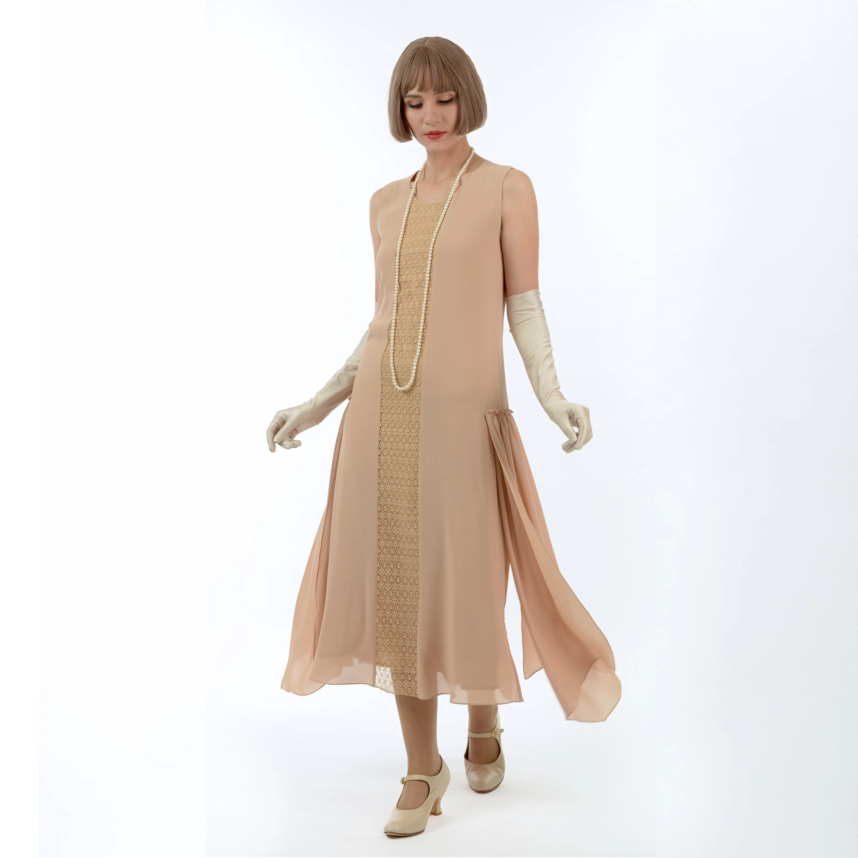 Roaring 20s formal evening dress in light brown with lace detail