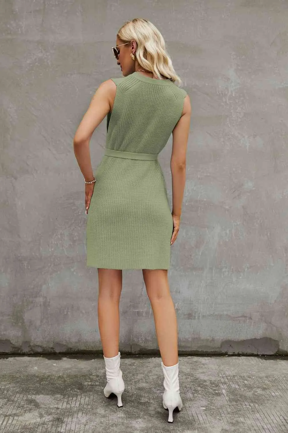 Round Neck Slit Sleeveless Sweater Dress