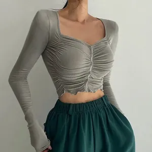 Ruffled Pleats Heart Collar Slim Fit Long-Sleeved Crop Top