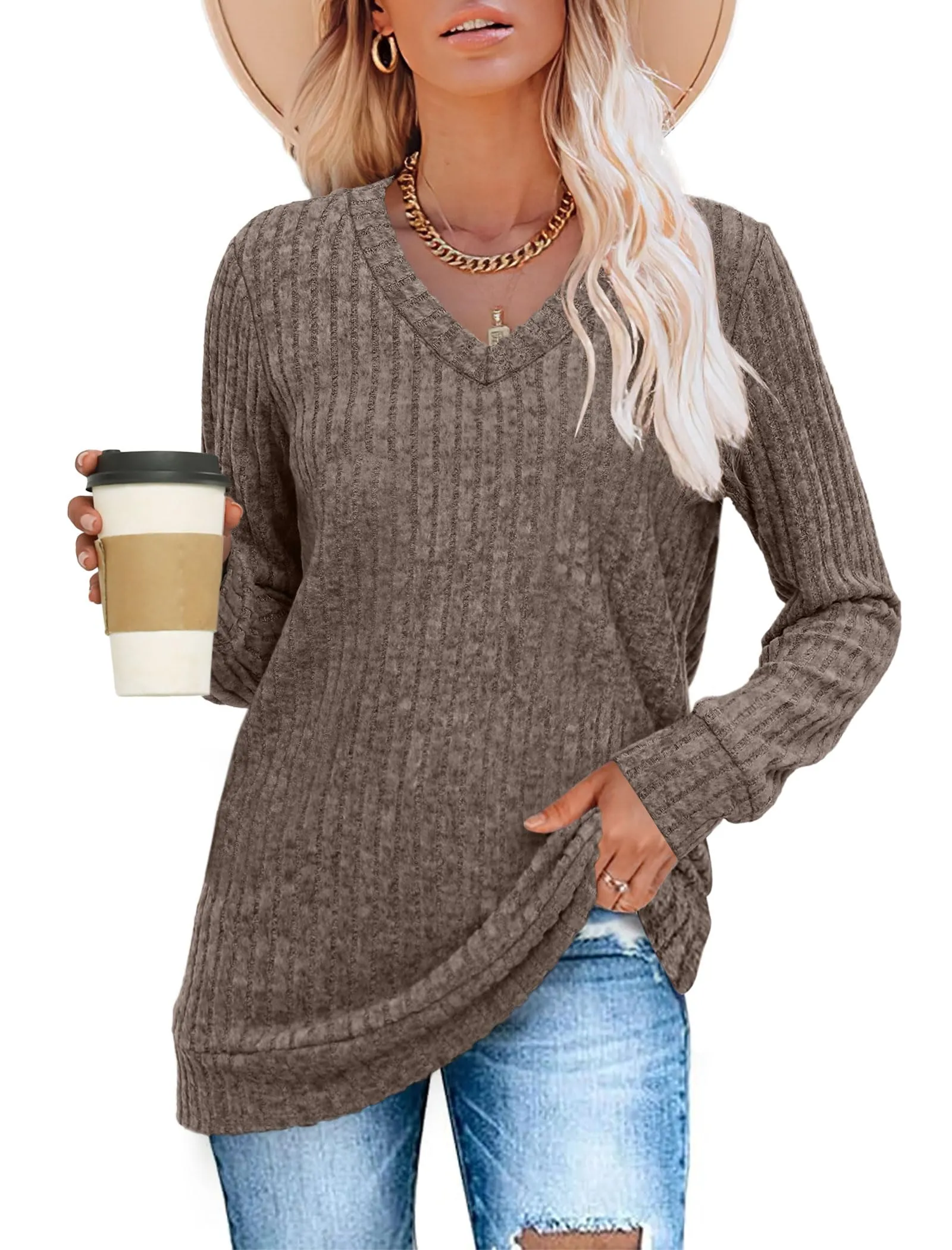 SAMPEEL Fall Outfits for Women 2024 V Neck Long Sleeve Shirts Dressy Casual Tops Winter Sweaters Trendy Coffee L