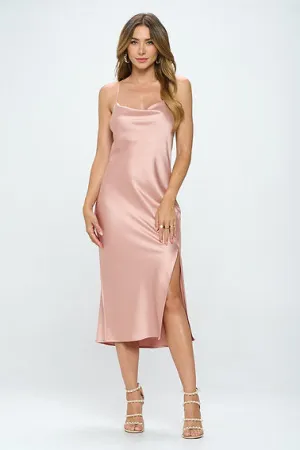 Satin Bias Slip Dress with Slit = ROSE