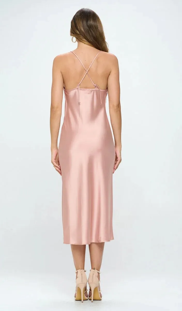 Satin Bias Slip Dress with Slit = ROSE