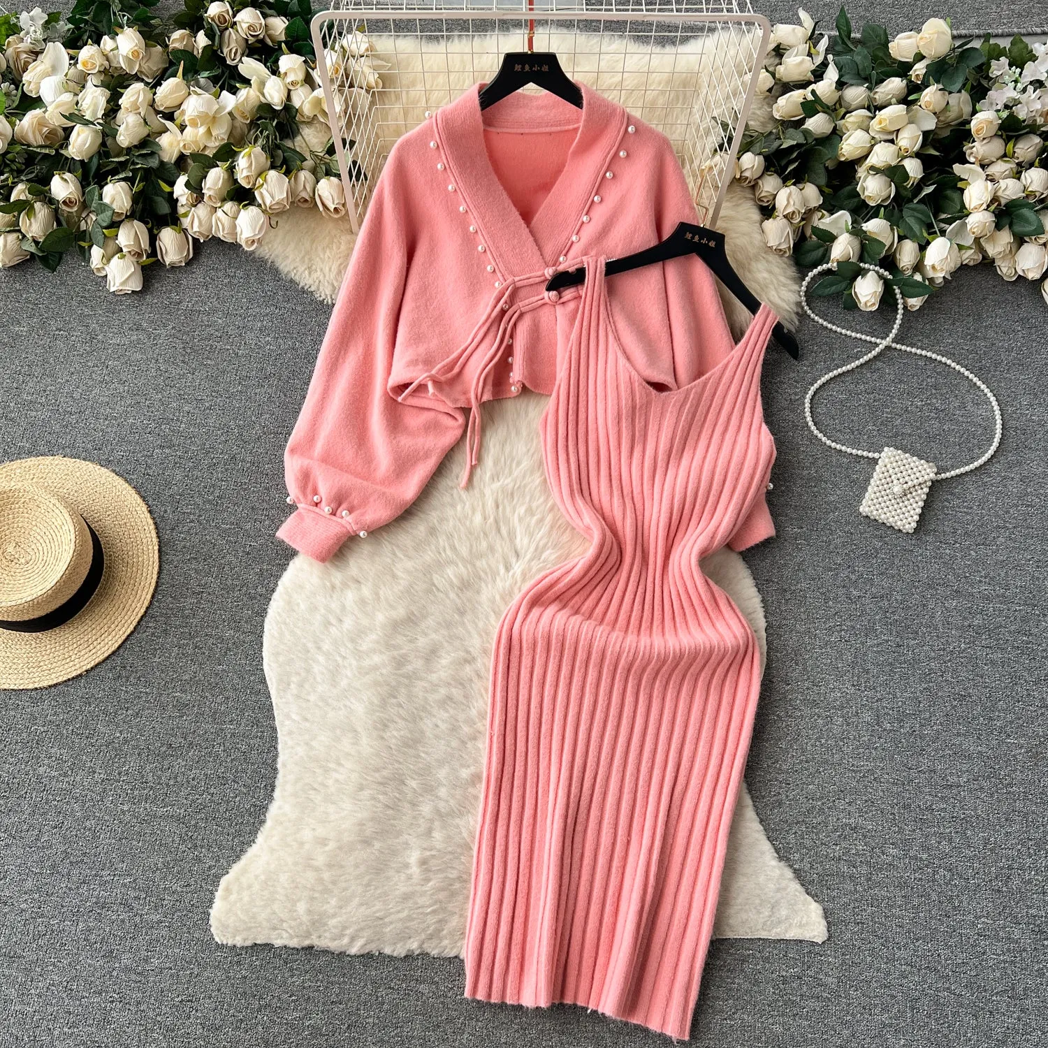 Shawl Cardigan&Slip Dress Knitted 2Pcs