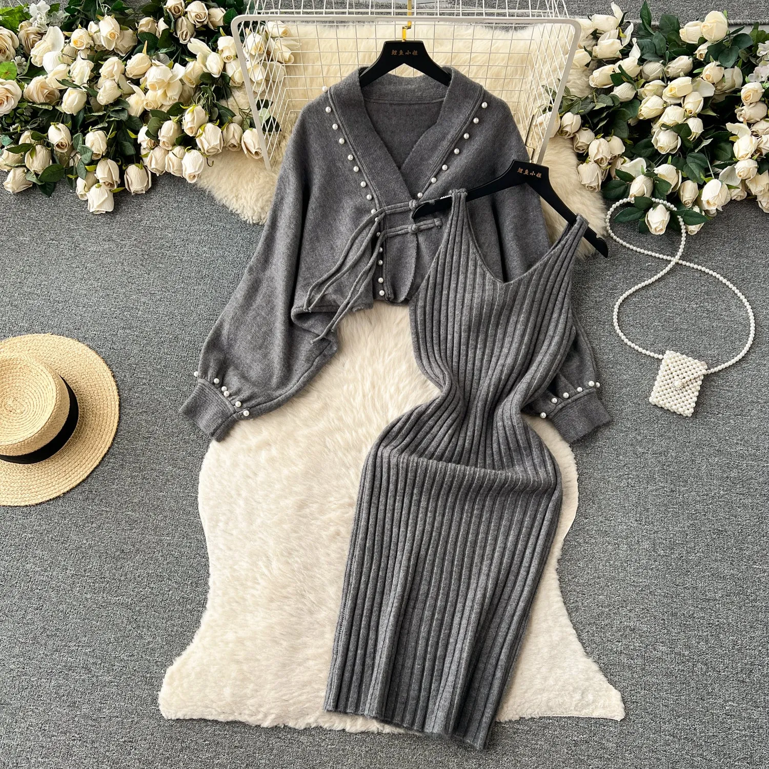 Shawl Cardigan&Slip Dress Knitted 2Pcs
