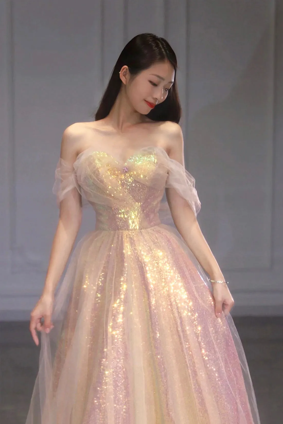 Shiny Sequins Long Prom Dress, Off the Shoulder Formal Evening Dress