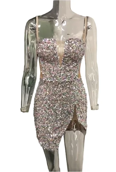 Sophisticated Silver Sling Mini Dress: Deep V-Neck Sequin Party Gown