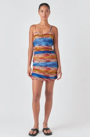 Striped Mesh Mini Dress with Ruched Detail