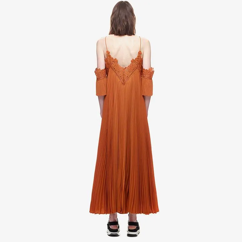 Summer Spaghetti Strap Pleated Cold Shoulder Maxi Dress