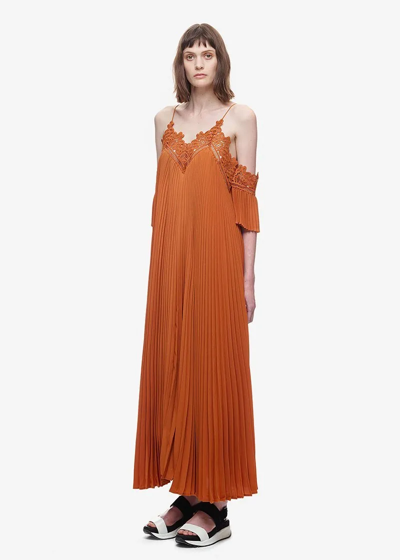Summer Spaghetti Strap Pleated Cold Shoulder Maxi Dress